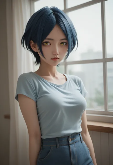 hayami kanade, short hair, blue hair, parted bangs, yellow eyes, medium breasts