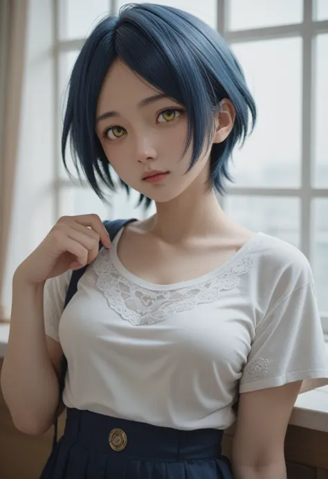 hayami kanade, short hair, blue hair, parted bangs, yellow eyes, medium breasts