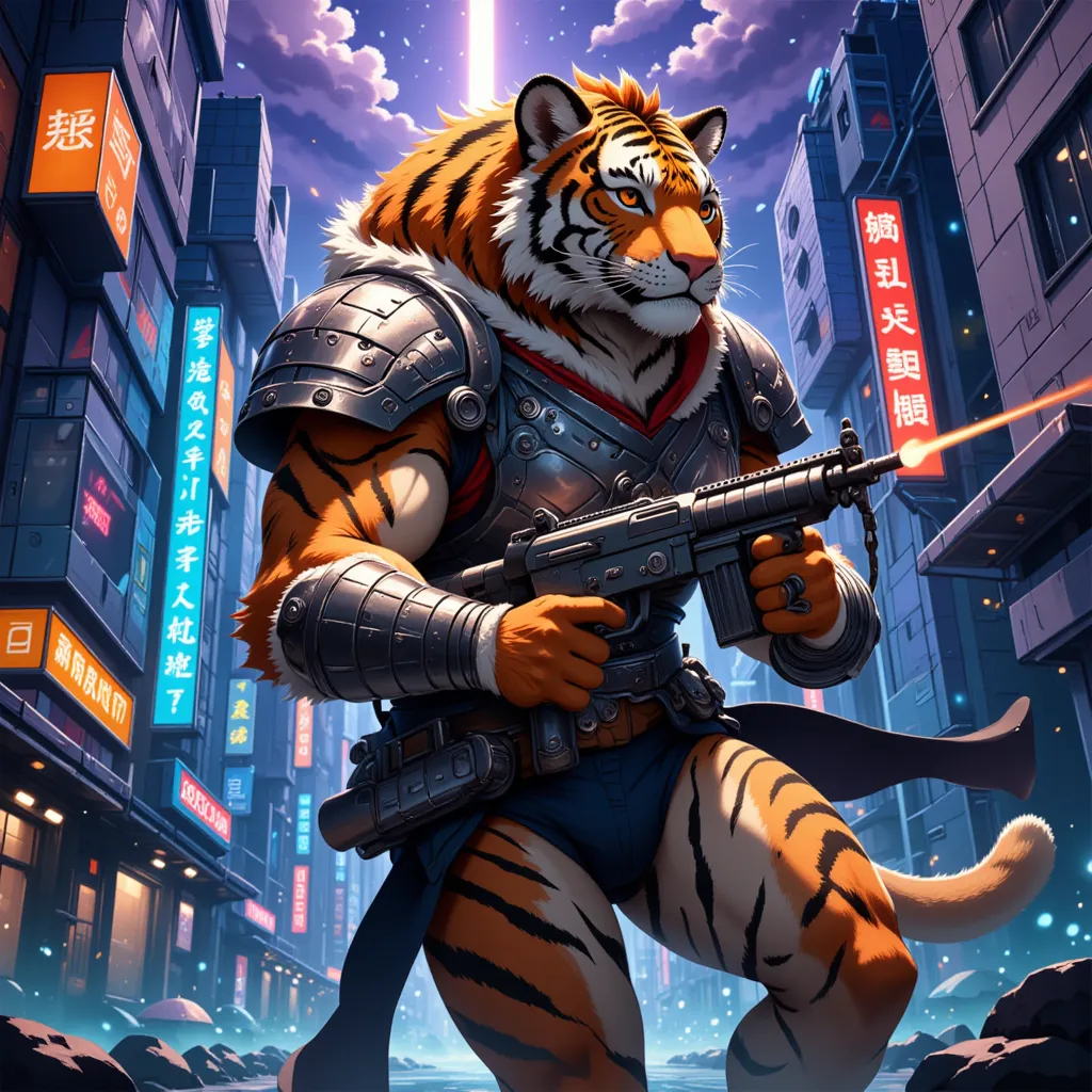 cyberpunk tiger warrior, neon lights, futuristic city, holding laser gun, concept art, highly detailed, 8k, ultra-detailed, phot...