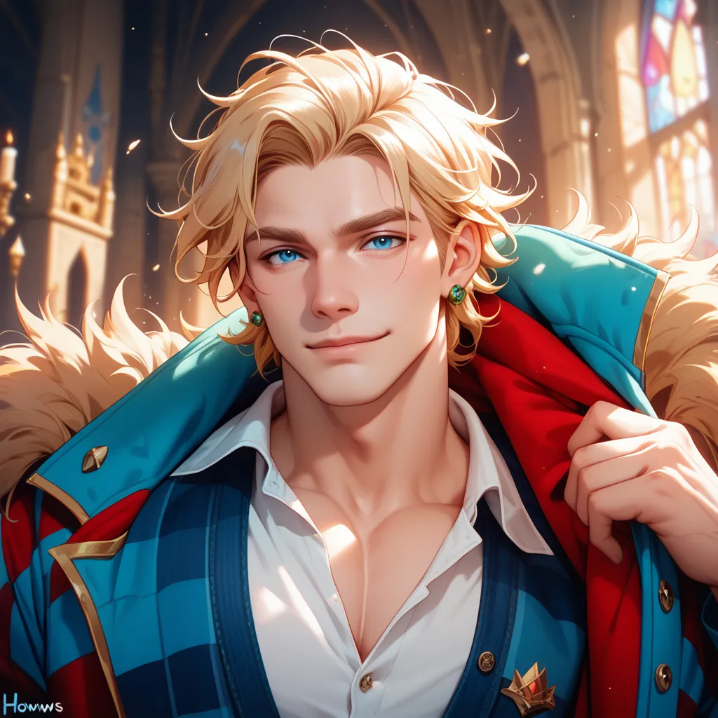 howl from howls moving castle, 1male, blonde hair, green earrings, red and blue checkered coat with golden rims, white shirt, bl...