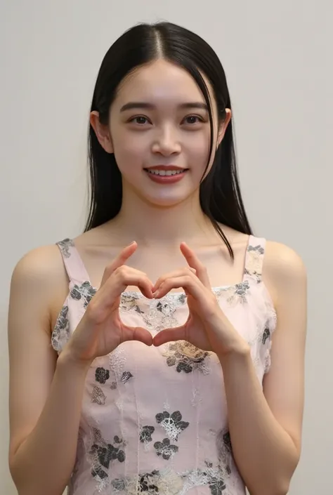 She is in a pose wearing a sexy camisole, making a firm big heart shape with both hands, and holding it in front of her chest, Cute smile up、Monotone background

