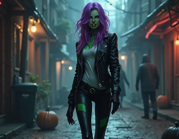 Green skinned woman purple pinkish shoulder length wavy hair big bones wearing a white top a black leather jacket short sleeves shiny black leather leggings and black boots walking around on Halloween night
backside view