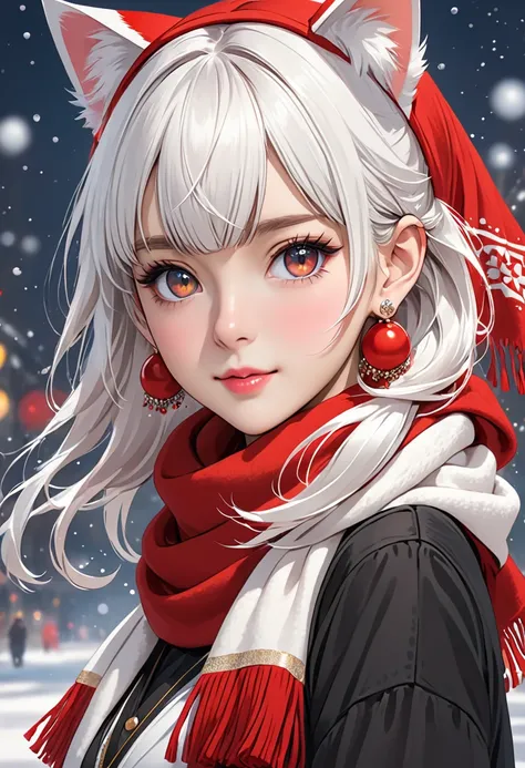 a 3 picture of a young girl dressed in cat ears with a scarf, 1girl, solo, jewelry, earrings, looking at viewer, bangs, scarf, white hair, red scarf, animal ears, blunt bangs