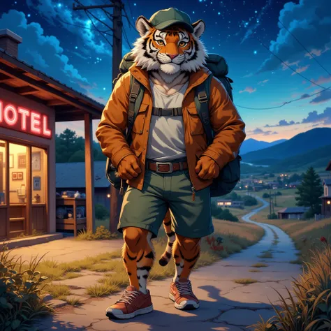 american country, backpacker, muscular middle-aged tiger man, happy, little smile, backpack, baseball cap, costume, jacket, half...