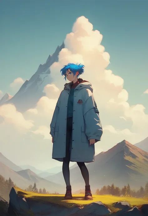 anime girl with blue hair and blue eyes standing in front of a mountain, jen bartel