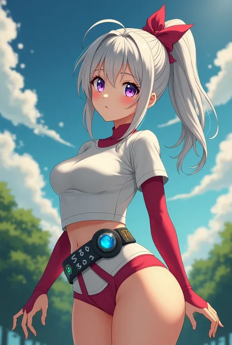 HD、Animation style、white hair 、Purple Eyes、girl、huge breasts 、High school student 、single ponytail、Light color short sleeve top、Long sleeve red underwear、Good shape、Thin、sash、Sky、cloud、sunny、plump breasts、Navel exposed、dazzler、Breasts exposed、science girl