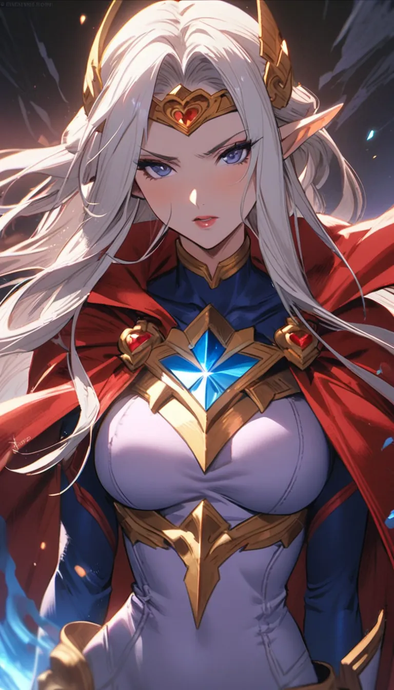 a woman with a beam sword wearing a red cloak and blue hero suit, alone,  supergirl , saint seiya girls , portrait saint seiya g...