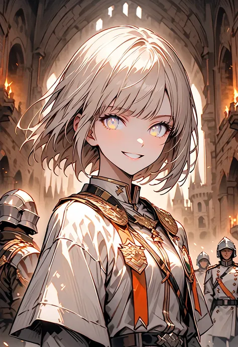 solo, woman, short hair, straight hair, hime cut, male military uniform, hero, simple helmet, medals, friendly smile, friendly, light-brown silver hair, faintly glowing eyes, silver eyes, broad shoulders, tomboy, castle, simple armor, white uniform, indoor...