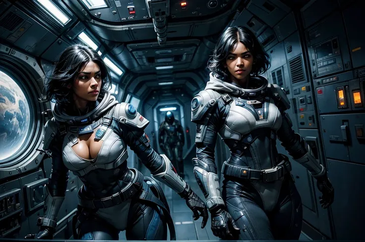 MariaCalavera, dark skin, black hair, short hair, silver eyes, cleavage, space suit, belts, hood, cowboy shot, (dynamic pose), standing in a space station, orbiting planet, large window overlooking planet, glass walls, viewing screens, crowd, (volumetric l...