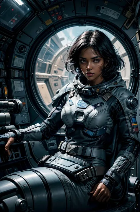 MariaCalavera, dark skin, black hair, short hair, silver eyes, cleavage, space suit, belts, hood, cowboy shot, (dynamic pose), sitting in a space station, orbiting planet, large window overlooking planet, glass walls, viewing screens, crowd, (volumetric li...