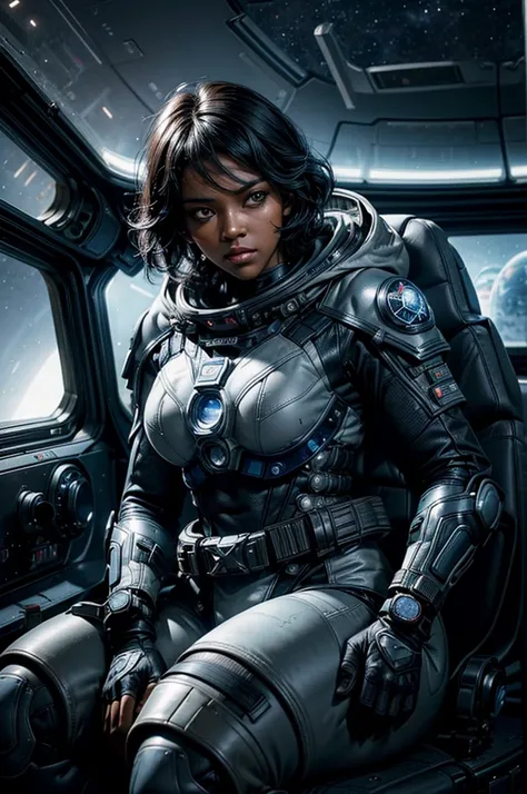 MariaCalavera, dark skin, black hair, short hair, silver eyes, cleavage, space suit, belts, hood, cowboy shot, (dynamic pose), sitting in a space station, orbiting planet, large window overlooking planet, glass walls, viewing screens, crowd, (volumetric li...