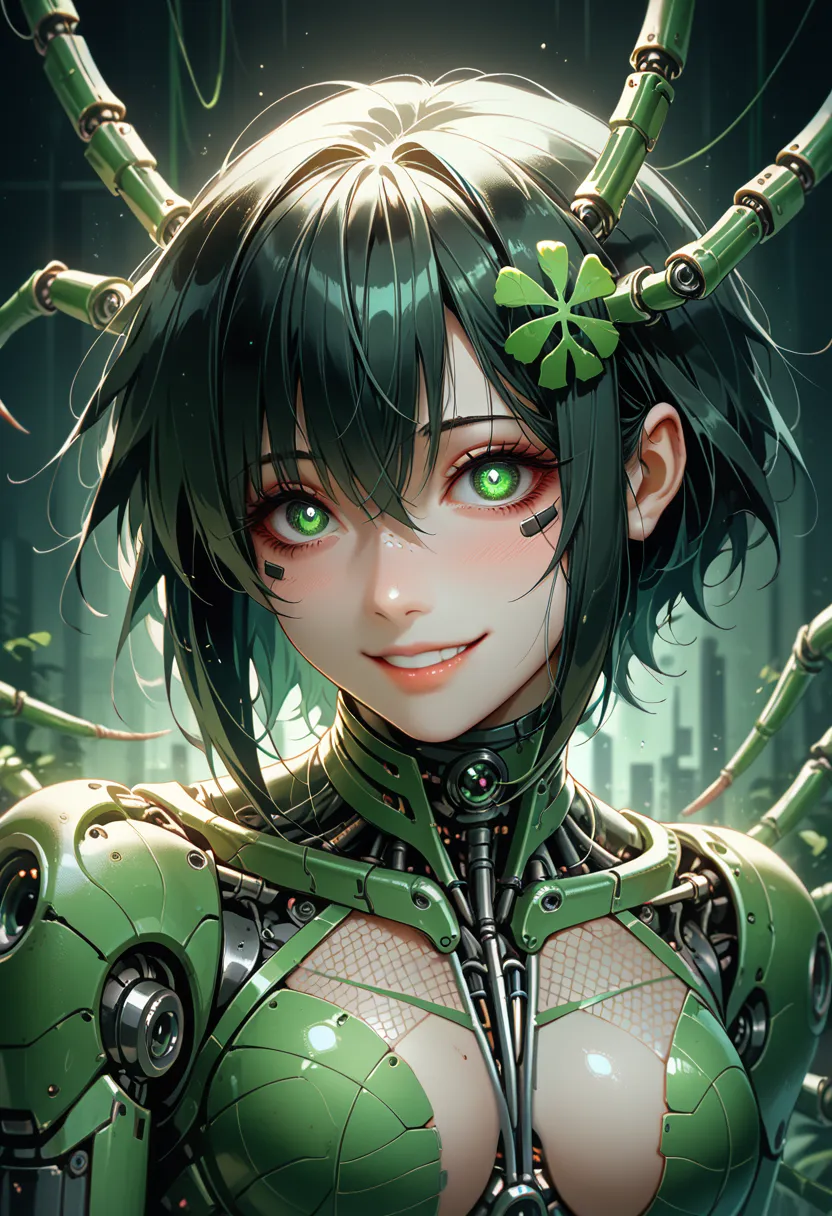 a girl fused with centipede. cyborg body. black hair. green mesh hair. yandere smile. blank eye. black and green image color. ka...