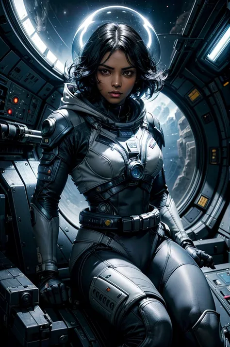 MariaCalavera, dark skin, black hair, short hair, silver eyes, cleavage, space suit, belts, hood, cowboy shot, (dynamic pose), sitting in a space station, orbiting planet, large window overlooking planet, glass walls, viewing screens, crowd, (volumetric li...