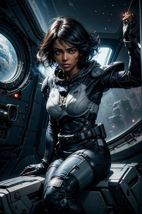 MariaCalavera, dark skin, black hair, short hair, silver eyes, cleavage, space suit, belts, hood, cowboy shot, (dynamic pose), sitting in a space station, orbiting planet, large window overlooking planet, glass walls, viewing screens, crowd, (volumetric li...