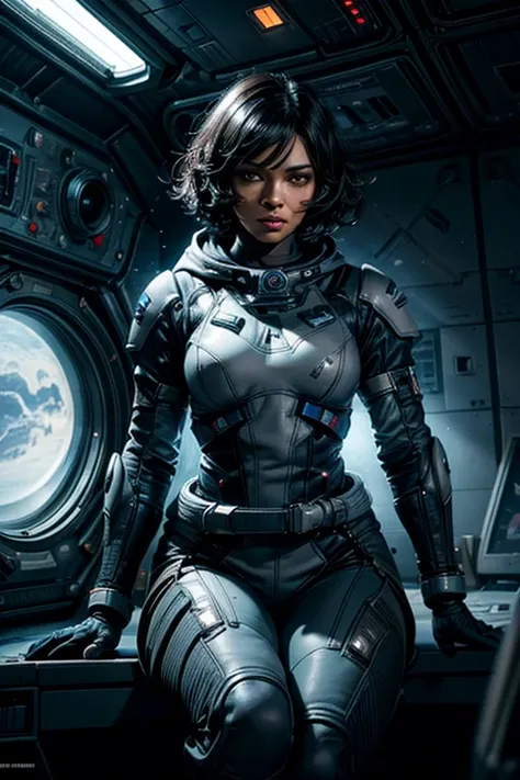 MariaCalavera, dark skin, black hair, short hair, silver eyes, cleavage, space suit, belts, hood, cowboy shot, (dynamic pose), sitting in a space station, orbiting planet, large window overlooking planet, glass walls, viewing screens, crowd, (volumetric li...