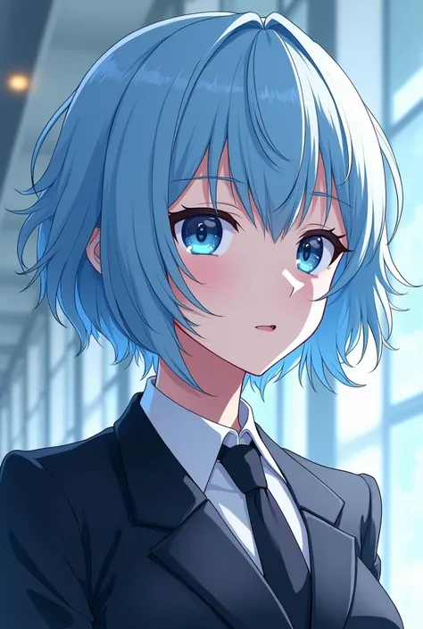 Create a female anime with a touch of masculinity and light blue eyes and a short bob haircut with a modern and elegant touch.  It has a length that reaches just below the ears and looks slightly frayed or layered , What gives her volume and movement and d...