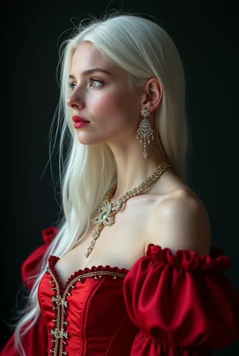  Realistic photograph of a beautiful young girl European princess albino who is in a photo shoot.  She has long platinum white wet straight hair ,  and soft lips .  She wears a beautiful scarlet red corset and white gold jewelry . She is posing with a divi...