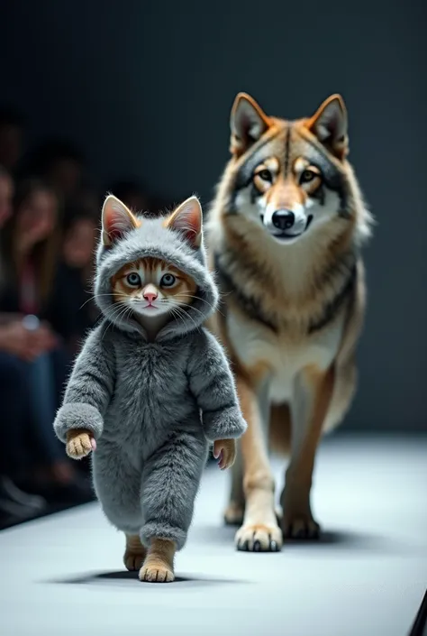 Create a detailed, photorealistic image of an anthropomorphic Mankikon stumpy kitten walking down a fashion catwalk in a wolf-themed costume. The kitten is wearing a fluffy grey wolf costume with pointy ears and walking next to a truly majestic wolf. This ...