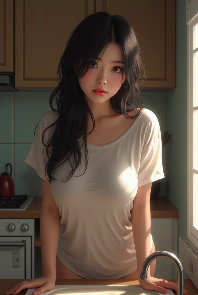 japanese busty women leans forward to clean, her breasts sway hypnotically back and forth, beckoning you closer. Her long, dark hair falls across her shoulders, obscuring part of her view, adding to the fantasy. She looks up at you through her lashes, loos...