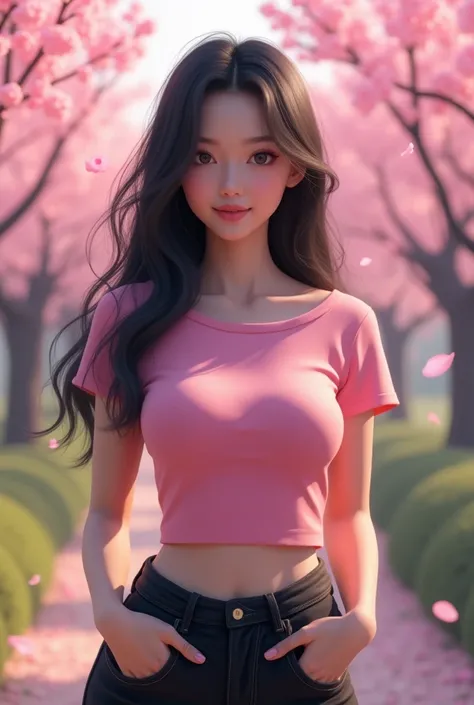 Gambar 3d cewek korea dada montok kaos pink celana jins hitam di taman sakura aura putih pink rambut panjang hitam nama  "(Santy)"