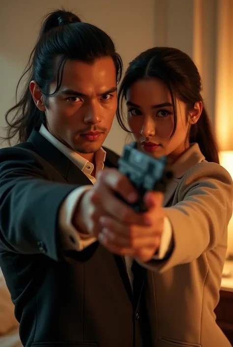 Younger version of henry cavill,  long hair tied in a ponytail, holding a gun and aiming to shoot, a gorgeous asian beauty standing behind him, holding a pistol across his  right shoulder, their gazing at me, bedroom background, bright lights, detailed fac...