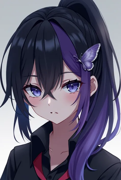 Anime girl with half black half purple hair tied in a ponytail with blue eyes and irritated face with butterfly ornament in her hair 