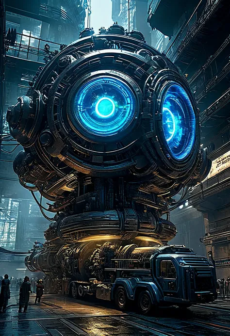 a futuristic cyberpunk doomsday device, incredibly detailed gears and mechanisms, intricate and complex, glowing blue energy core, steaming exhaust vents, ominous and foreboding presence, dramatic lighting, cinematic composition, moody and atmospheric, hyp...