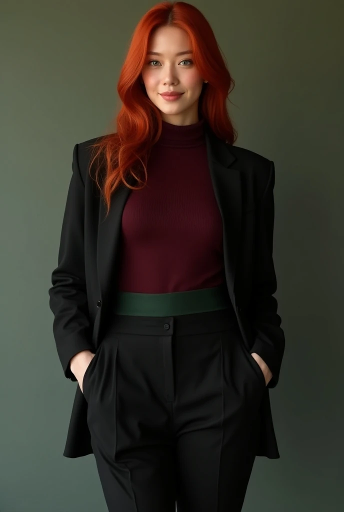 (photo, hyperrealistic, raw, 8k), A woman in a burgandy turtleneck and black business suit, (Beautiful executive girl: 1.5), beautiful girl, pretty face, Sexy girl, young, 20 years old, red hair, blue eyes, beautiful smile, long hair, straight hair, big br...