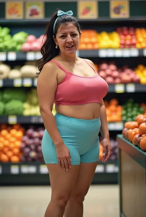 55-year-old mature woman with dark brown hair tied in a bow  ,D cup breasts,  in a tiny light blue lycra shorts and a pink micro top in sandals in the supermarket with fruit and vegetable shelves behind her , while she is in front of the camera . 