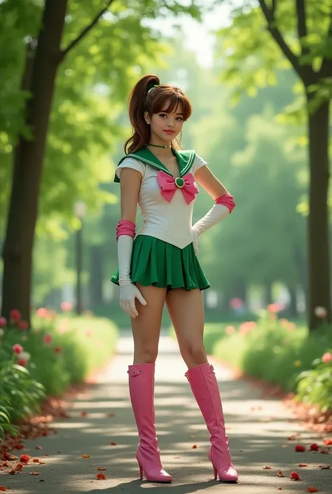 Alexandra Daddario cosplay sailor jupiter in a park