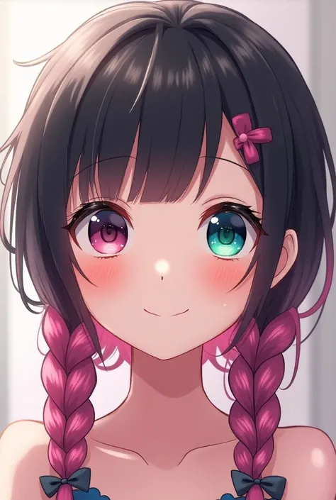 Black-haired anime girl with pink locks braided with a green eye and a blue eye and a dot from the bottom of each eye smiling in a loving way 