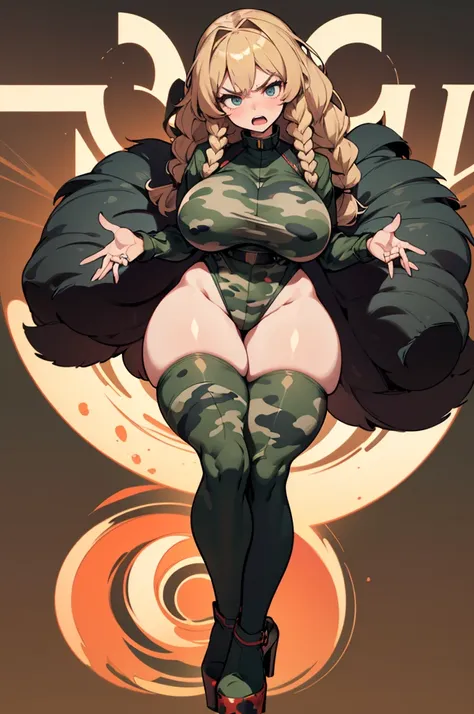 Angry look, scream, Open mouth, young girl, Pullover, whole body to see, (( very wide hips)), (((colossal Thighs, gigantic thighs, very huge thighs, very big thighs))), fullbody, platform heels, very Big breast, , firm breast, thigt body suit, braids hair,...