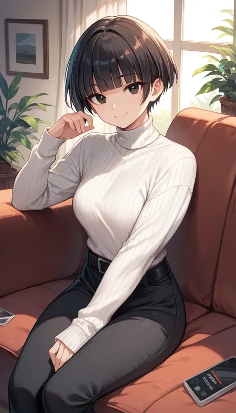 1girl, solo, tomboy, short hair, straight hair, blunt bangs, black eyes, ribbed sweater, white sweater, black belt, black pants, sitting, sofa, indoors, looking at viewer, smile,