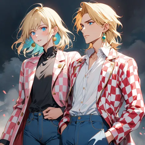 howl from howls moving castle, 1male, blonde hair, green earrings, pink and lightblue checkered coat with golden rims, white dre...