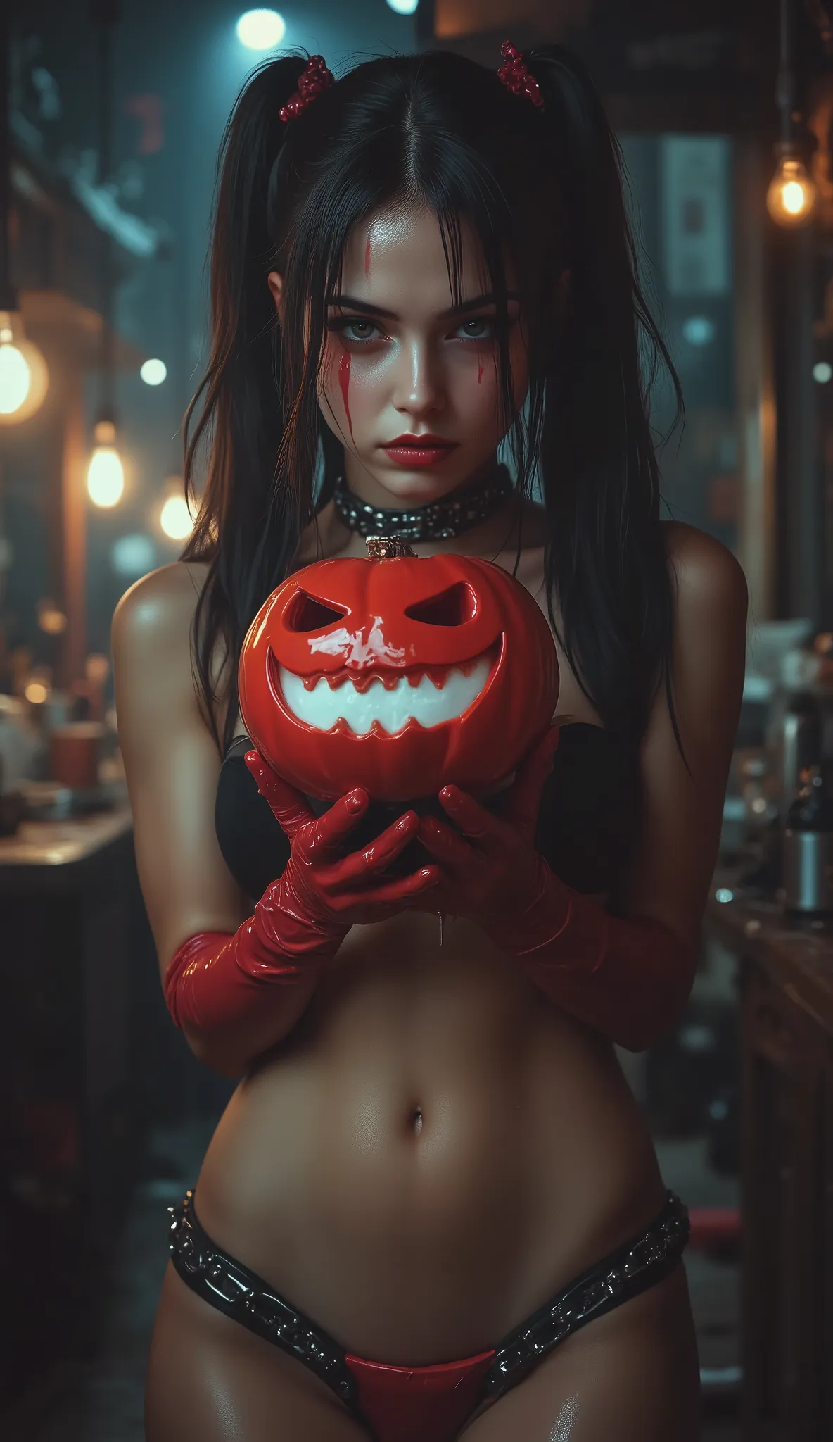 1 girl ultra skinny anorexic scandinavian korean teen girl , (( holding a small red shiny plastic jack o lantern )), (cumface gi...