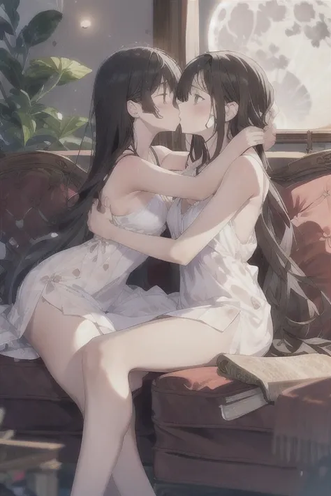 -yuri ,  multiple girls , 2girls, yuri, dress, sofa, long hair, {{kissu, plant,  eyes closed ,  window , indoor,  at dawn, blurr...