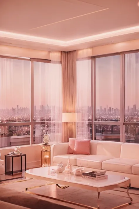 dreamy, luxurious living room with white satin furniture at dusk with a view overlooking a distant city. gradient of white and p...