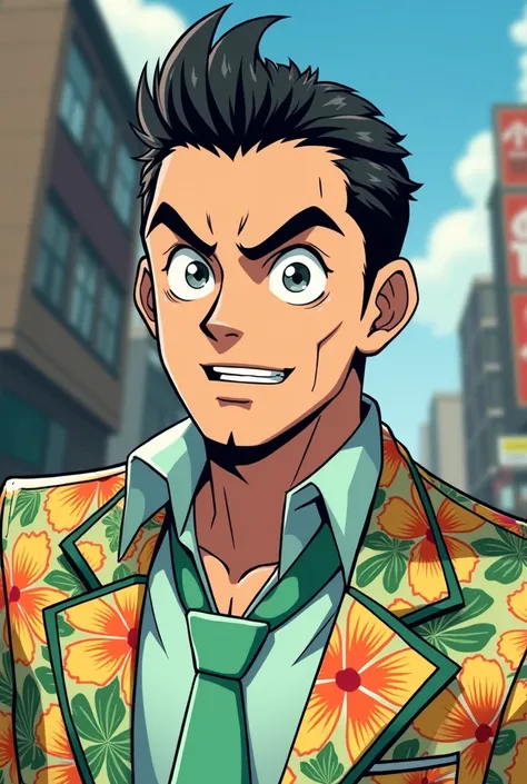 Cool and goofy Yakuza in anime art style. Slick back hair and small tuff of hair falling down his forehead. Grey eyes. loose pastel green tie around neck. Hawaiian print jacket and shirt.