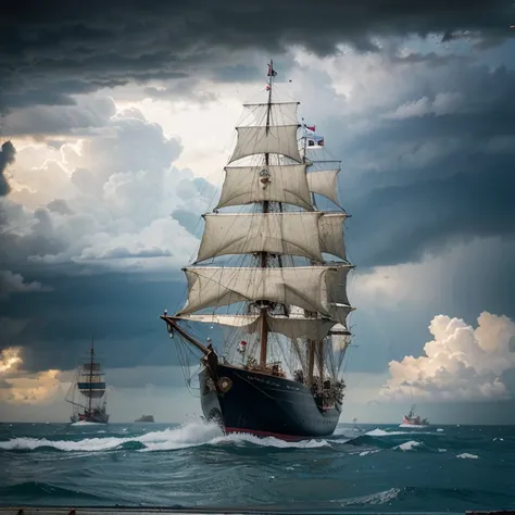 a surreal scene of an epic naval battle between pirate sailing ships in the middle of a stormy vortex inside a plastic basin two...