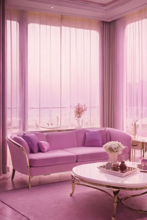 dreamy, luxurious living room with white satin furniture at breaking dawn with a view overlooking a palm beach. gradient of purp...