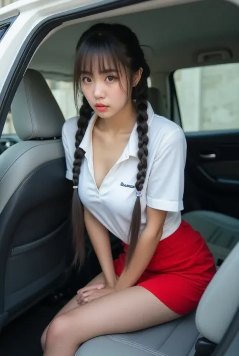 "A young korea woman  Standing and was bending down to find something that had fallen into the car. white honda city hatchback car. She has long double braids, hair , flowing hair and  naked breast and white Polo shirt (((Unbuttoning her shirt to show off ...