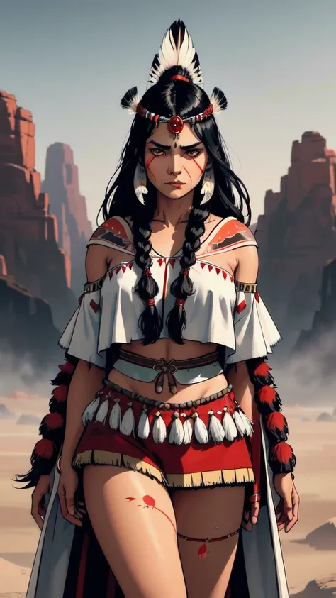 The image is a breathtaking 4k ultra-high resolution digital illustration of a powerful female prehistoric figure, heavily influenced by the Cheyenne, seen from a high angle, staring at the viewer with an air of dominance. She has caramel skin and braided ...