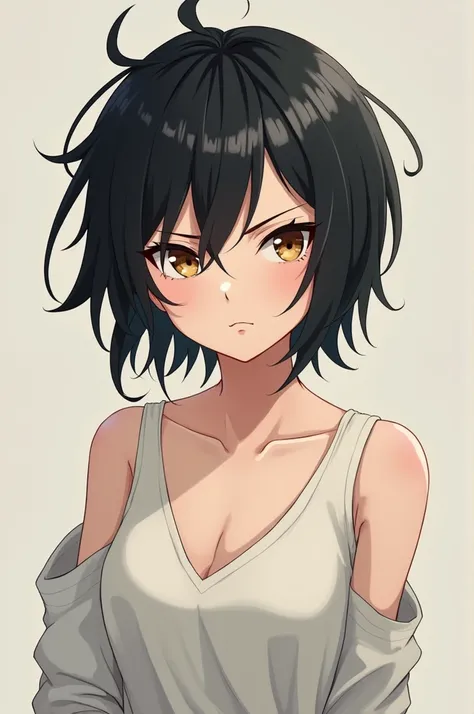  An anime-style girl with short jet-colored hair messy,with light brown eyes  , saggy eyes and a stubborn smile ,  with loose clothing and fair skin 