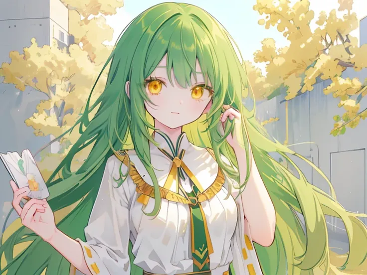 a girl with long dark green hair, yellow eyes,hair behind ear, anime, anime style, uhd, masterpiece, accurate, anatomically corr...