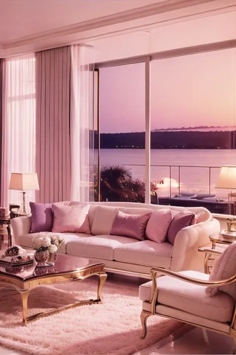 dreamy, luxurious living room with white satin furniture at twilight with a view overlooking a palm beach. gradient of purple an...