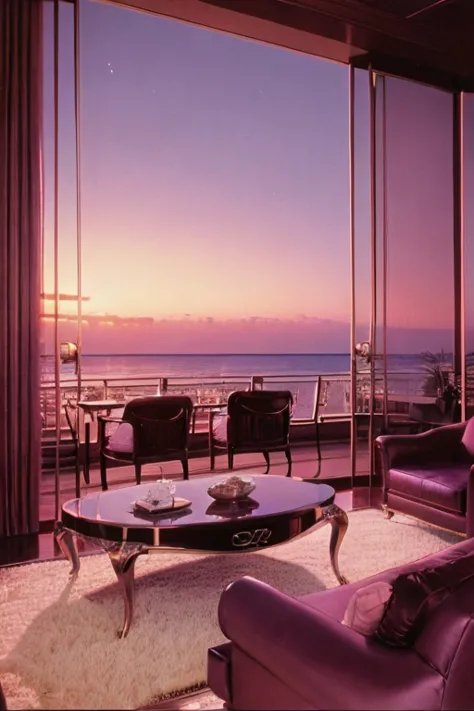 dreamy, luxurious living room with glossy satin furniture at twilight with a view overlooking a palm beach. gradient of purple a...