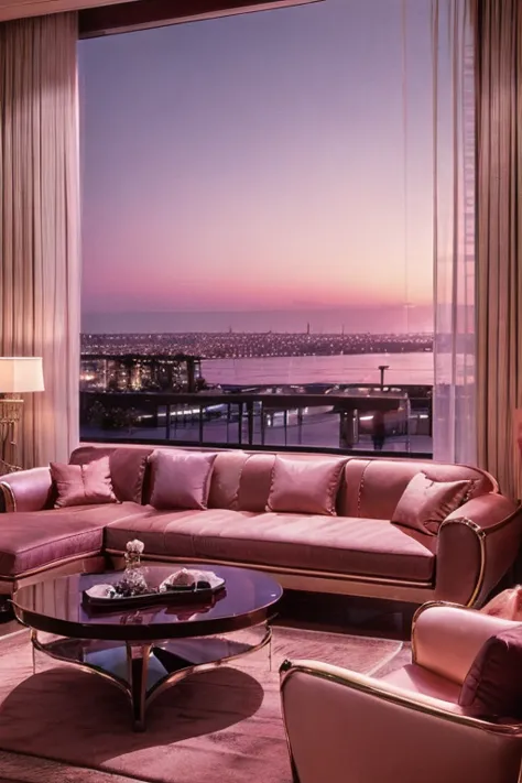 dreamy, luxurious living room with glossy satin furniture at twilight with a view overlooking a palm beach. gradient of purple a...