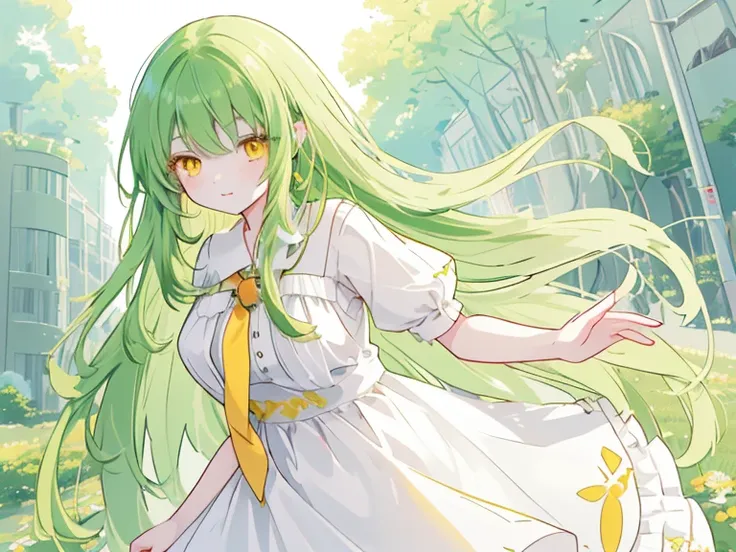 a girl with long dark green hair, yellow eyes,hair behind ear,，bangs,c cup,white dress, anime, anime style, uhd, masterpiece, ac...