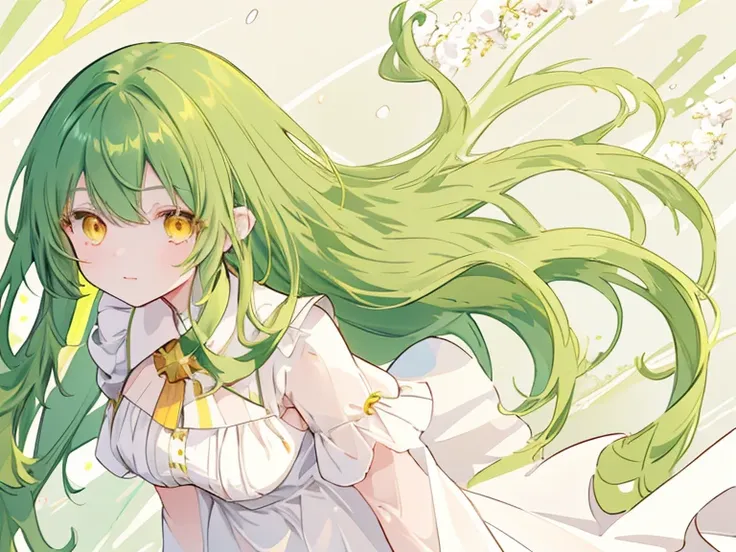 a girl with long dark green hair, yellow eyes,hair behind ear,，bangs,c cup,white dress, anime, anime style, uhd, masterpiece, ac...