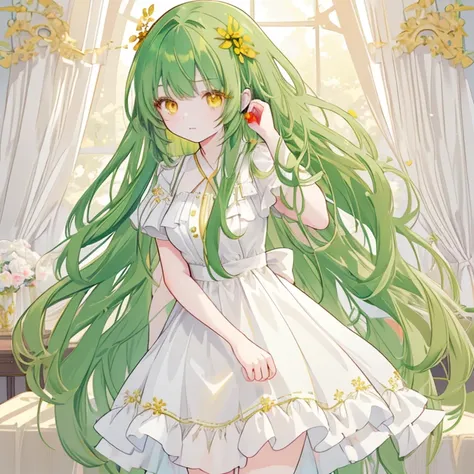 a girl with long dark green hair, yellow eyes,hair behind ear,，bangs,c cup,white dress, anime, anime style, uhd, masterpiece, ac...